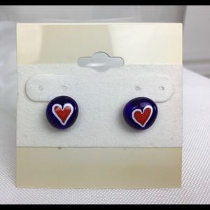 Murano Glass Stud Earrings Blue with Red Heart